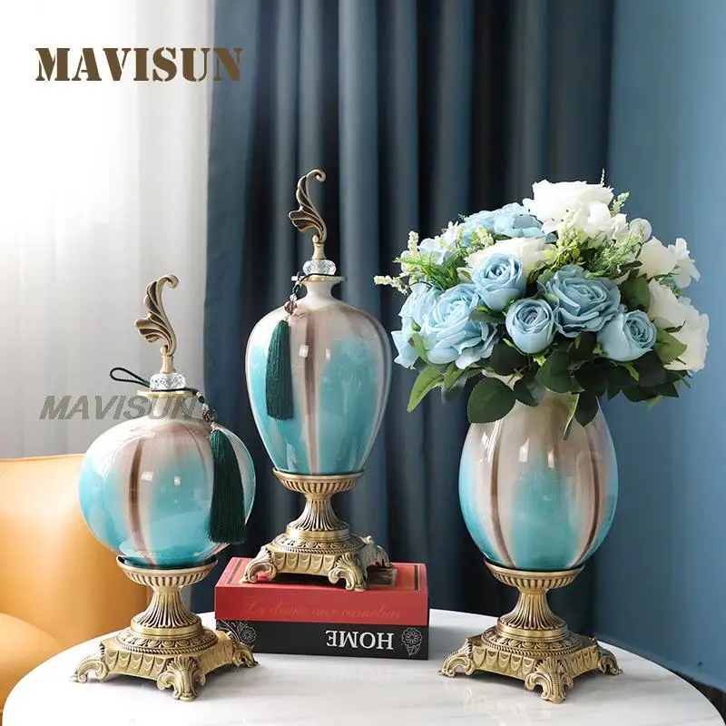 

European-Style Luxury Handicrafts Ceramic Copper Bottom Ornaments Living Room Tv Cabinet Porch Top Vase Home Soft Decoration