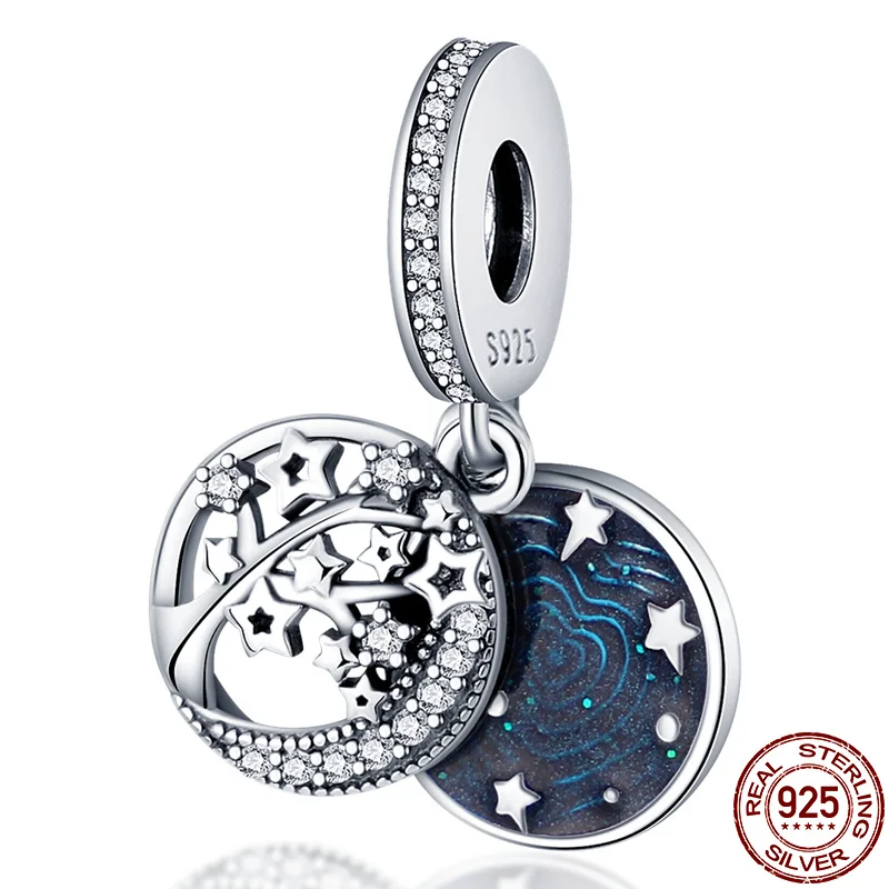 Fine 100% Silver Color charms Tree Moon Star River Two-in-One Charm Beads Charms fit Original Pandora Beads Bracelet jewelry фото