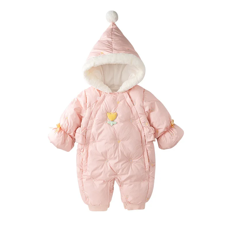 

2023 Bodysuits for Girls Kids Hoodied Quilted Thick Rompers Children Hooded Kawaii Jumpsuits Baby Girl Winter Clothes From 6-24M
