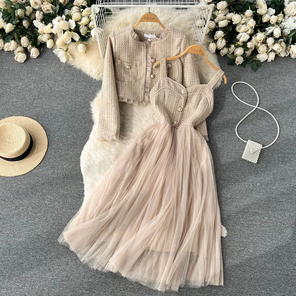 

Amolapha Women New Arrived Tweed Cardigan Jacket + Sling Mesh Splicing Strap Dress Female 2-piece Suits