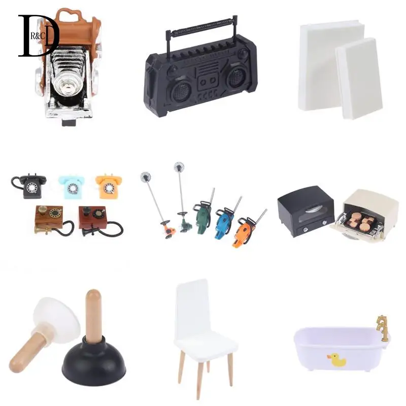 Doll House Retro Phone, Camera, Mini Oven, Wooden Chair, Radio, Book, Bathtub, Toilet Brush, Lawn Mower Dollhouse Miniature