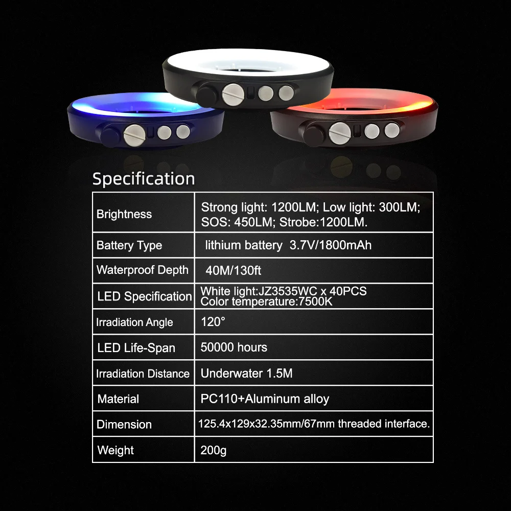 Подводная кольцевая фара Seafrogs Flash Camera 1200LM, 40 м, 67 мм, с резьбой, 3 цвета света, с зарядкой от USB для Sony TG6TG5 (art.: 3920db3545389) - 3920db3545389
