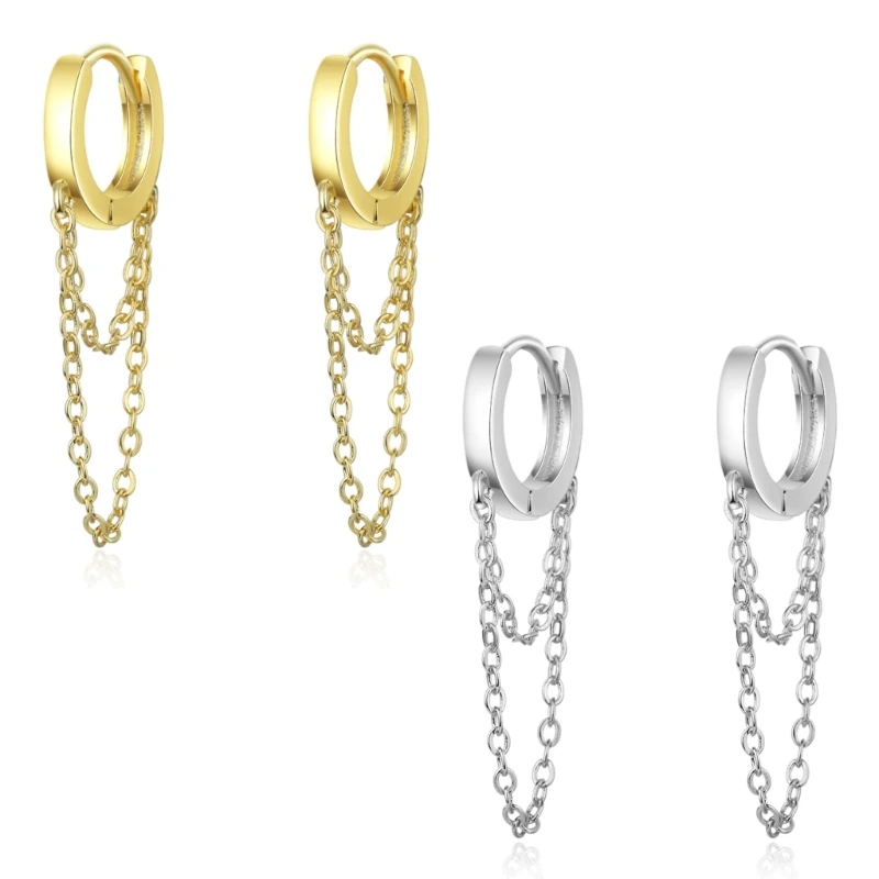 

1 Pair Korean Version Ear Buckle Copper Double Chain Tassel Dangle Hoop Earrings 264E