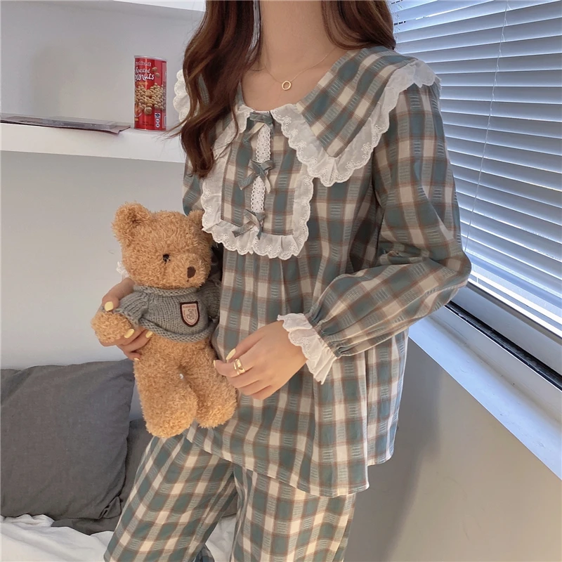 Kawaii Plaid Peter Pan Collar Autumn Home Suit Women Lace Patchwork Shirts + Trousers Set Two Piece Pajamas Set Cotton Lolita