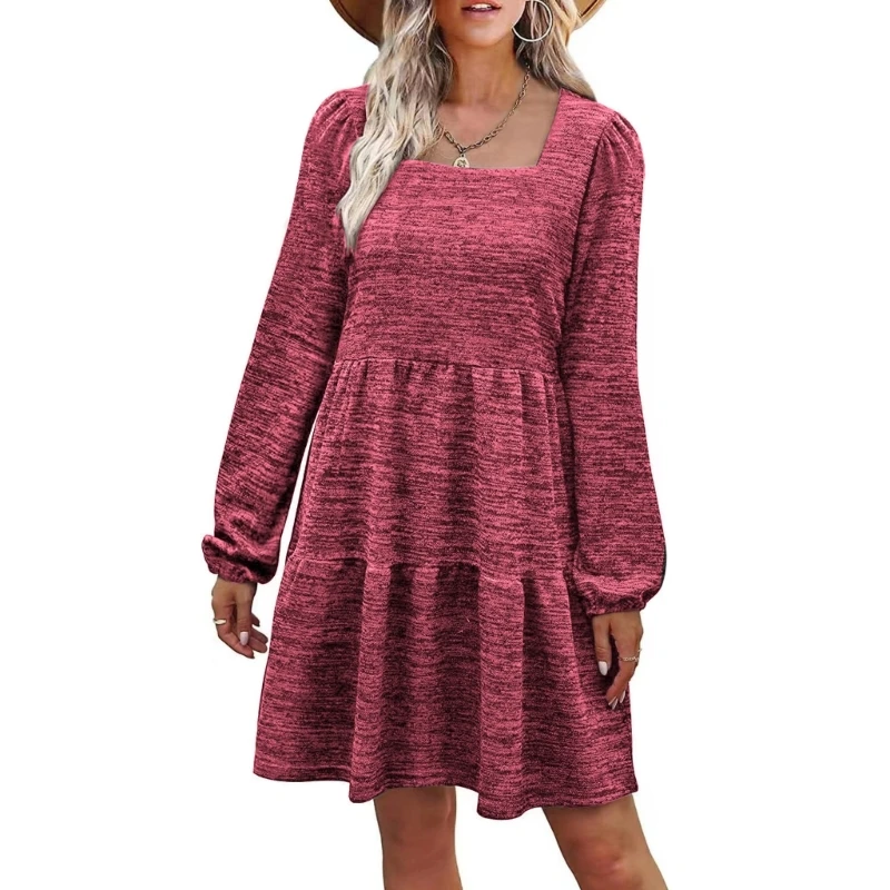 

896E Women Solid Color Puff Long Sleeve Square Neck Casual Loose Flowy Midi Dress