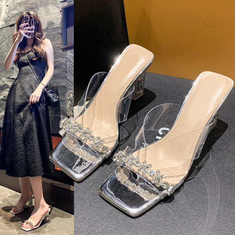 

Transparent Sandals Women's High Heels Summer New Fashion Fashion Crystal Thick Heels Wear Diamond Slippers Slippers Women