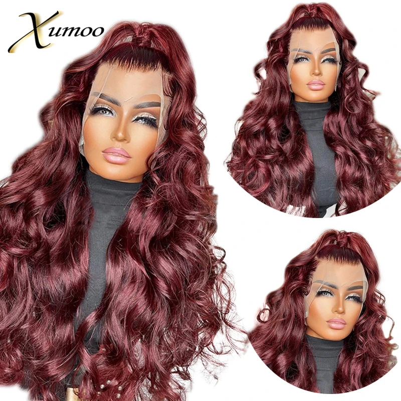 99J Burgundy 13x6 Transparent Lace Frontal Wigs Pre Plucked Bodywave Women 200 Density Brazilian Remy Human Hair 4x4 Closure Wig