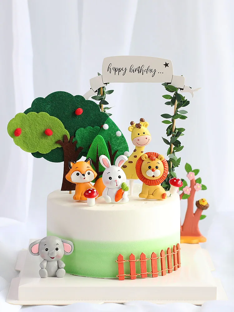 

Animals Theme Rabbit Fox Lion Giraffe Party Cake Topper Jungle Safari Animals Figures Happy Birthday Wild Jungle Baby Shower