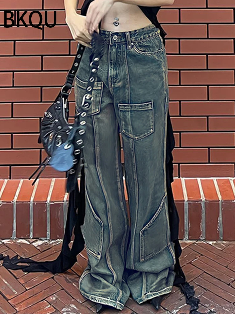 BKQU Multi-Pocket Washed Cargo Pants Y2k Retro Low Waisted Straight Baggy Jeans Women Bright line Denim Trousers Fairycore 2023