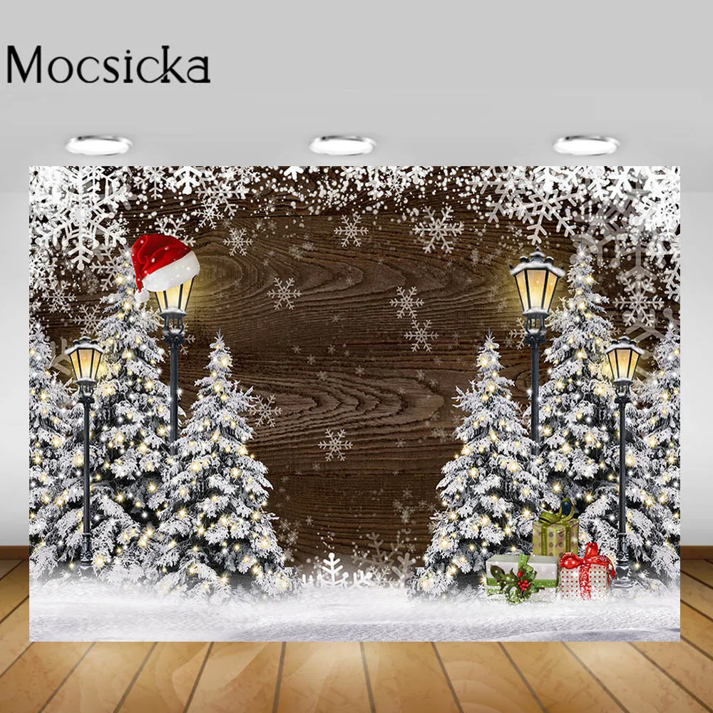 

Mocsicka Winter Christmas Backdrops Photography Wooden Board Snowy Tree Girl Birthday Portrait Photocall Photo Background Studio