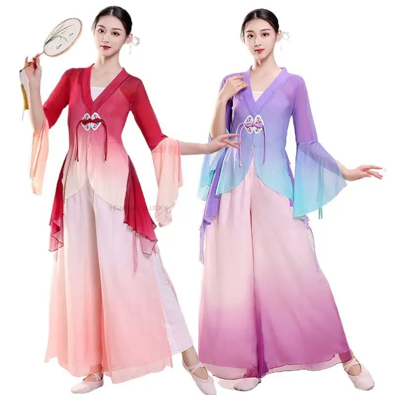 

Chinese Classical Dance Qi Pao Modified Cheongsam Vintage Style Women Practice Performance Uniform Folk Dance Stage Dress Set