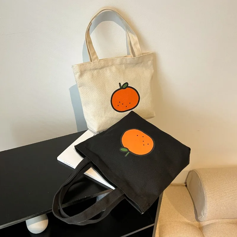 

2023 New Orange Canvas Top-handle Bags Small Black White Handbags Korean Outside Daily Necessities Storage Bags Lunch Bento Bags