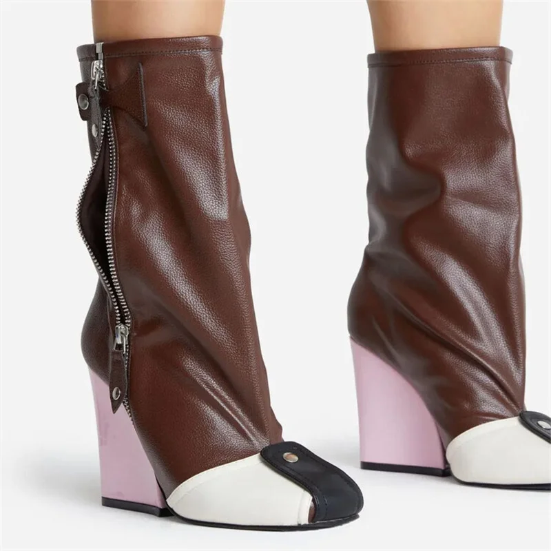 Top Quality Mixed Colors Mid Calf Boots Square Toe Crude Heel Buckle Zip Female High Heel Wedges Big Size 43 Booties Women Shoes