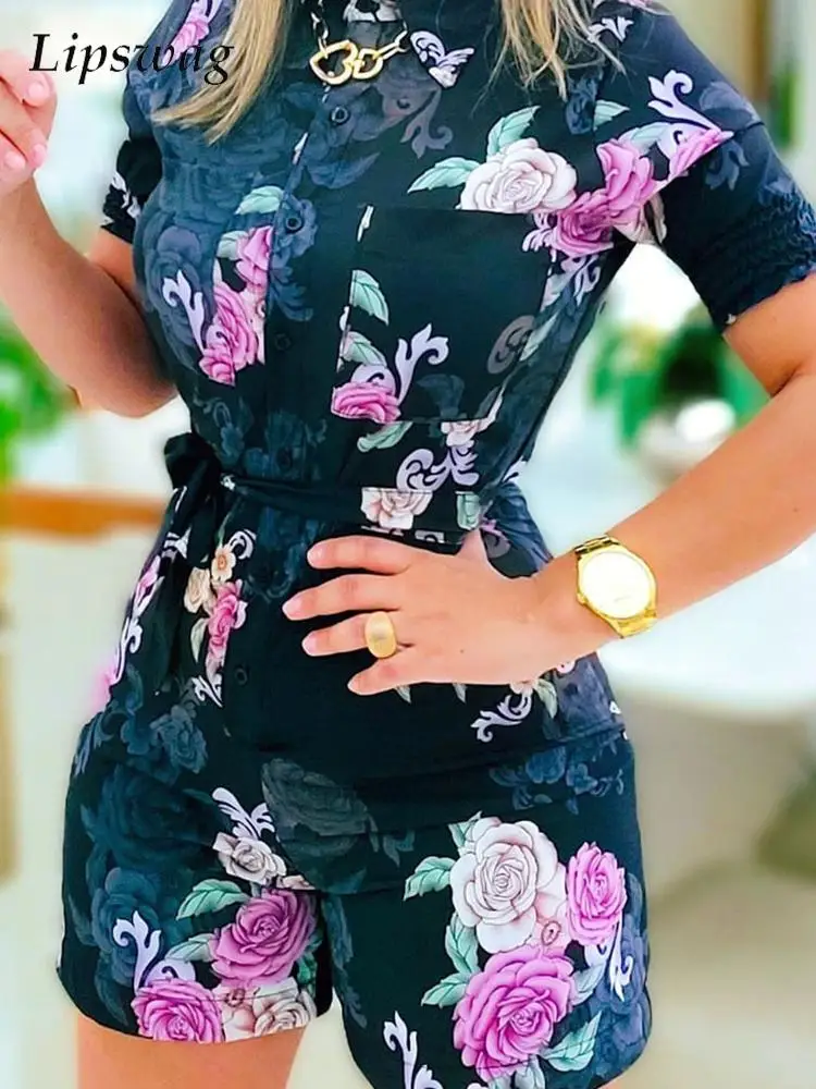 

Женский комбинезон с коротким рукавом, Модный повседневный однобортный комбинезон с лацканами и шортами, на шнуровке, лето