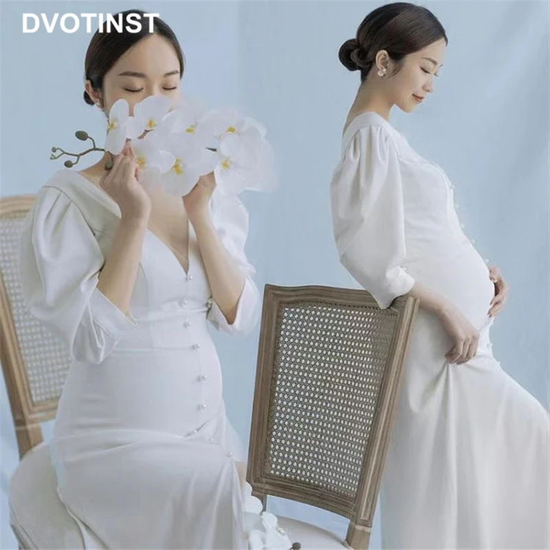 Enlarge Dvotinst Women Photography Props  White Elegant Half Sleeve Maternity Dresses V-Neck Pregnancy Dress Studio Shoots Photo Props