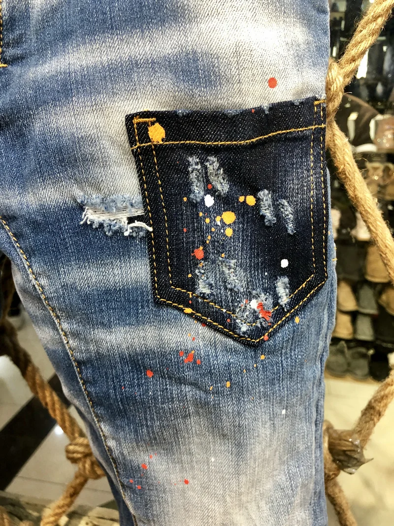 New Men's Dsquared2 Buttons Jeans Ripped For Male Skinny  Pants Men's Denim Trousers Top Quality Slim Jeans A226