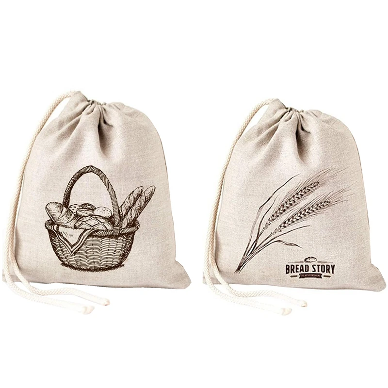 

Linen Bread Bags -2 Pack Art Design Natural Unbleached Linen Reusable Food Safe Storage For Homemade Artisan Bread Easy Install