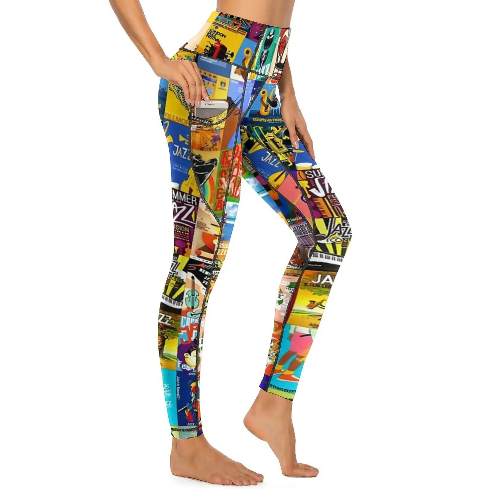 

Collage of Jazz Festivals Yoga Pants Sexy Music Band Print Design Leggings Push Up Gym Leggins Retro Quick-Dry Sport Legging