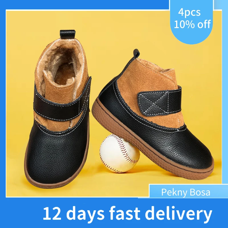 PEKNY BOSA-botas de nieve de cuero genuino para niños y niñas, zapatos descalzos de suela suave con dedos anchos, cálidos, Invierno
