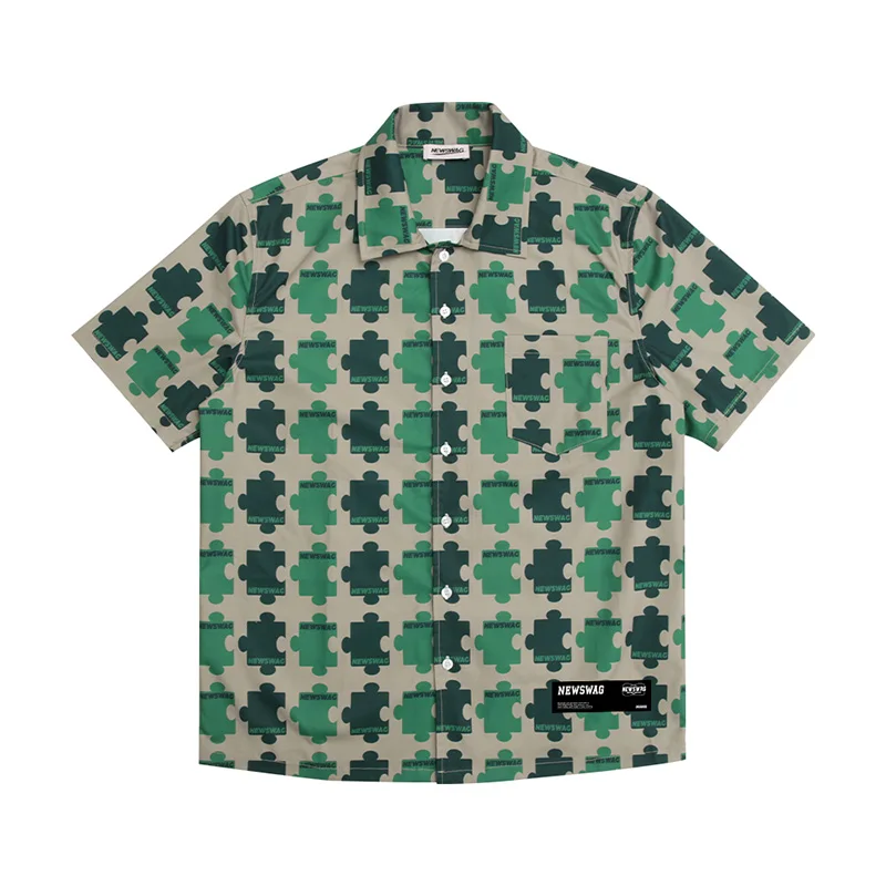 

Japanese Retro Laple Puzzle Print Color Match Spring Summer Mens Shirts Short Sleeve Oversized Hip Hop Casual Hawaii Tops