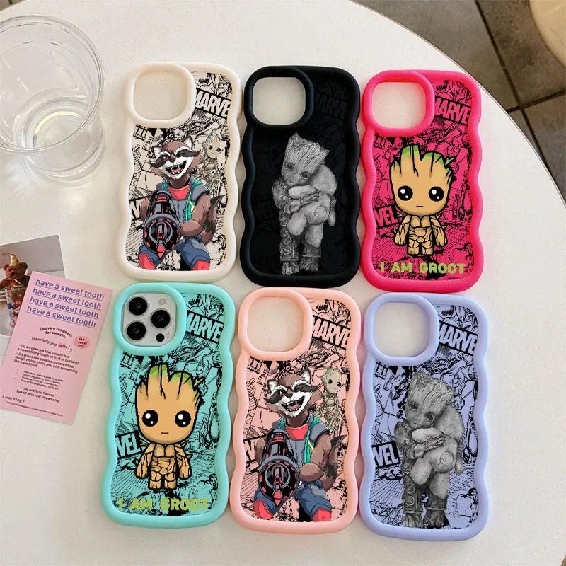 Фото Чехол для телефона Groot Rocket Raccoon Marvel Candy Color для iPhone 17 16 15 14 Plus 11 Pro Max 13 12 Air 17E 16E с волнистым краем, мягкий чехол №2