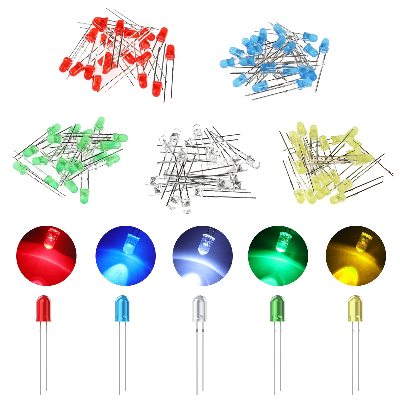 

100PCS LED Diode 3mm Lights Emitting Diodes Assortment Red Green Blue Yellow White Micro Lamp Electronic Project Kit