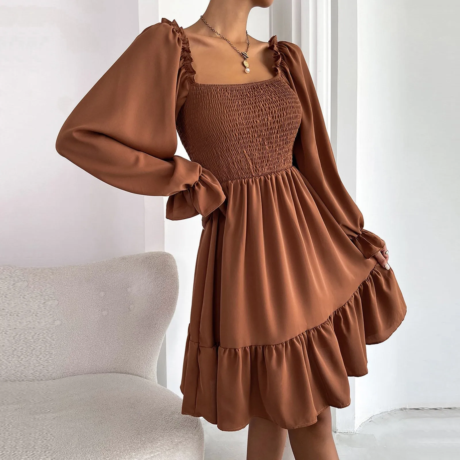

Women's Autumn High Waist Solid Color Puff Sleeve Elasticity Square Neck Shirring Ruffled Dress Temperament Tight A-line Dress