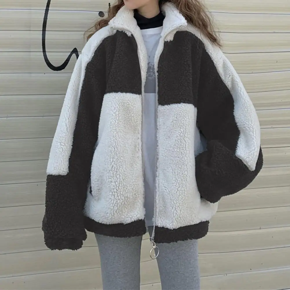 

Women Winter Coat Contrast Color Plush Thicken Neck Protection Long Sleeves Keep Warm Hip Hop Dark Style Stand Collar Lady Coat