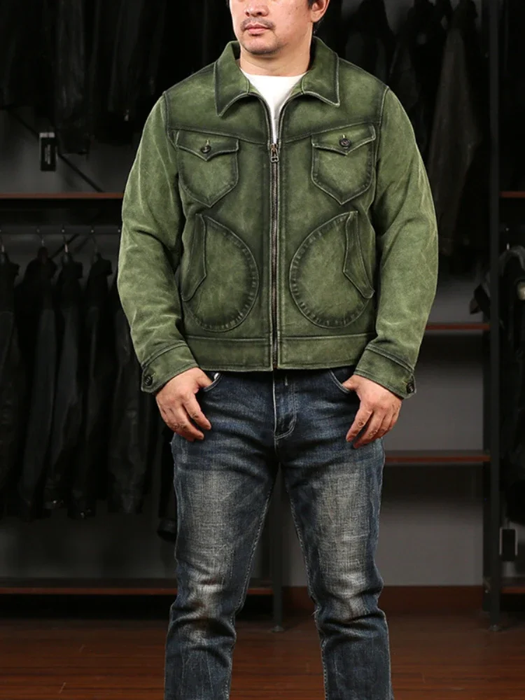 Мужская короткая куртка из натуральной коровьей кожи с отложным воротником