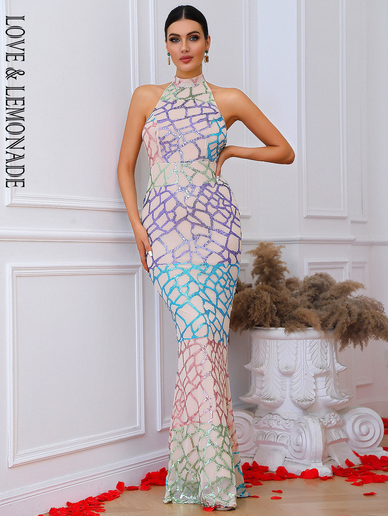 

LOVE&LEMONADE Sexy Tube Top Colorful Elastic Sequins Trailing Prom Maxi Dress LM80098-5B