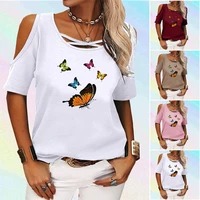 women fashion off shoulder t shirt summer round collar short sleeve tee shirt cat print top ladies loose blouse