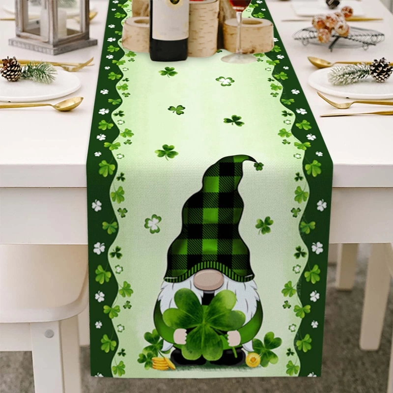 

H051 Saint Patrick's Day Table Runner Irish Lucky Clover Gnome Cotton Linen Tablecloth for Festival Party Dinning Table Decor