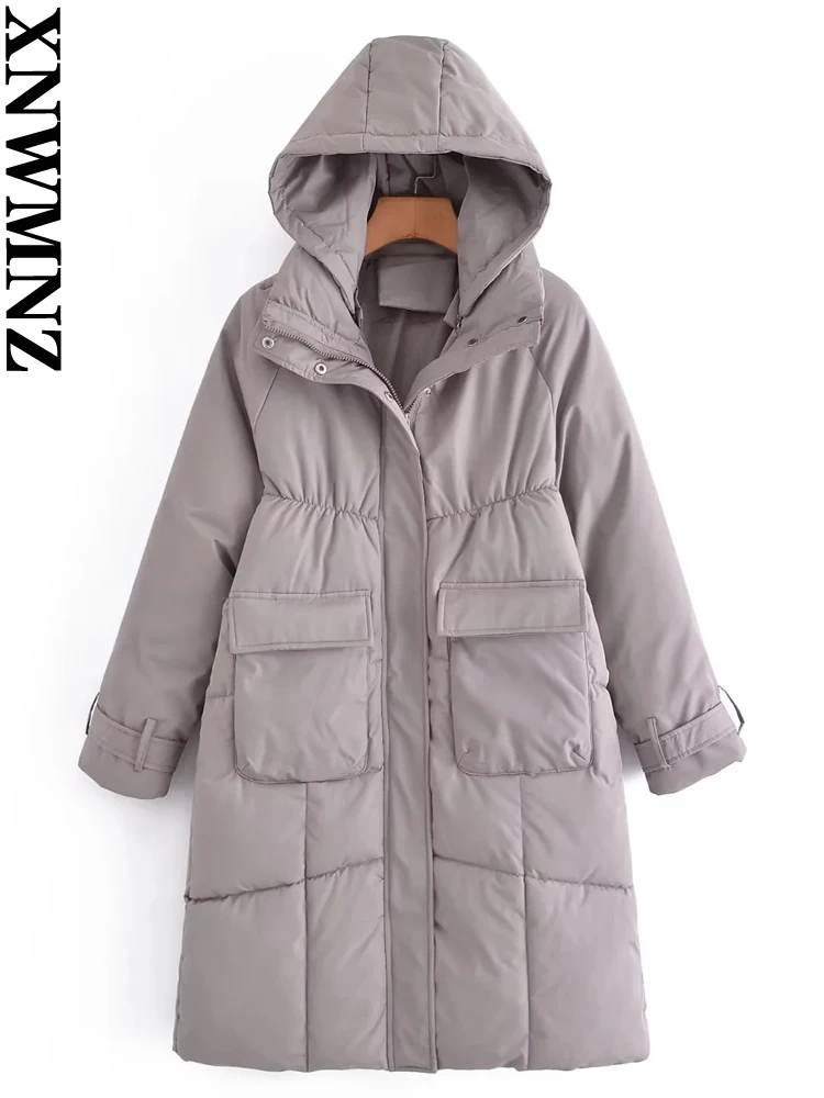 XNWMNZ 2022 Women Fashion Hooded Long Cotton Clothes Woman Retro Pocket Oversize Jackets Winter Coat Female Chic Outwear