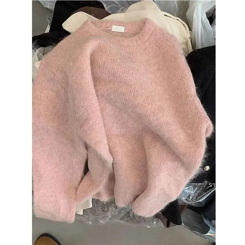 

Limiguyue Pink Loose Mohair Soft Wool Thicken Sweater Women Autumn Winter O-Neck Warm Knit Pullover Cashmere Basic Knitwear E299