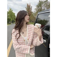 2022 new style v neck small man casual temperament small fragrance chic plaid knitted cardigan jacket womens autumn