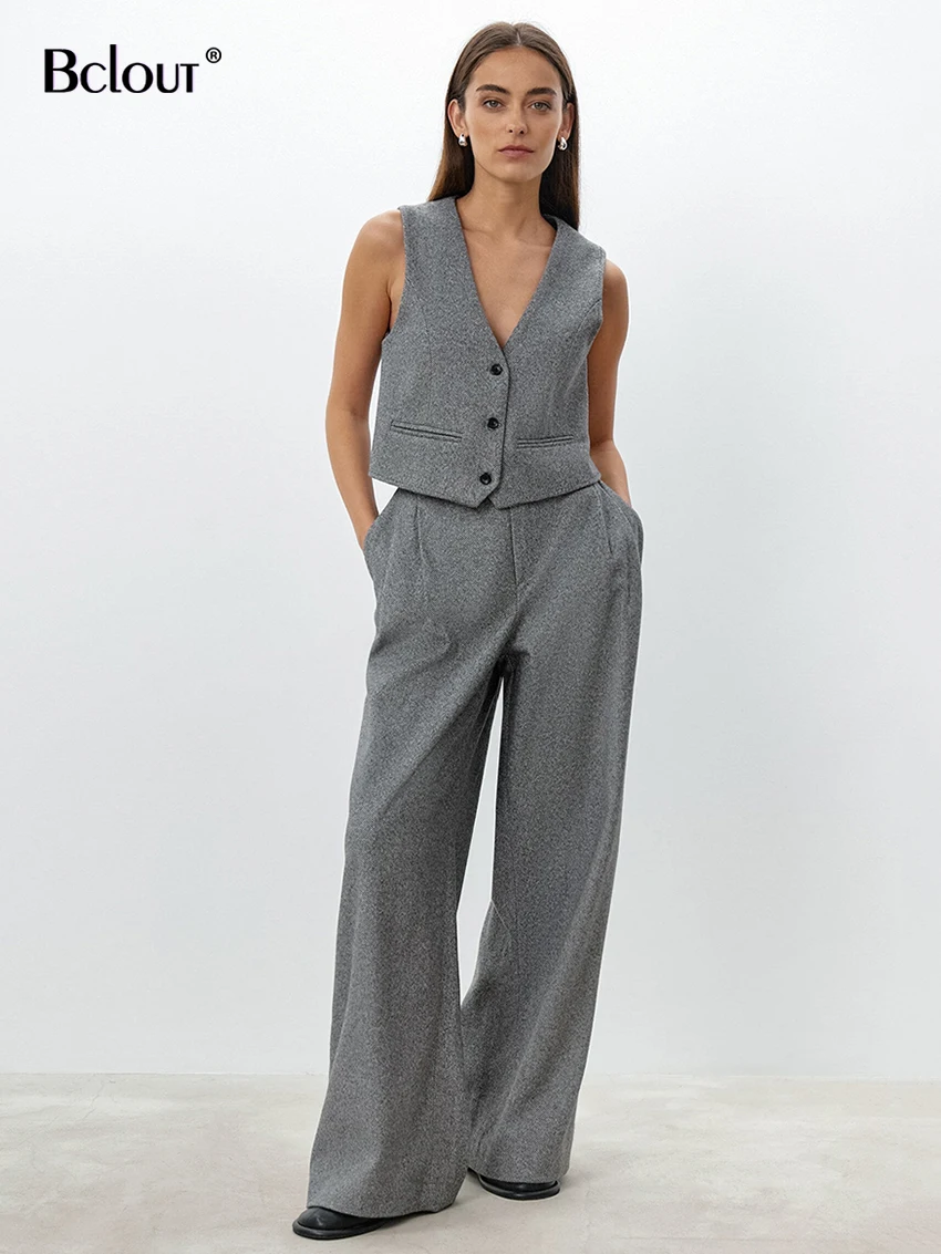 

Bclout Elegant Gray Woolen Pants Sets Women 2 Pieces Fashion V-Neck Office Lady Sexy Tops Autumn Khaki Wide Leg Pants Suits 2023