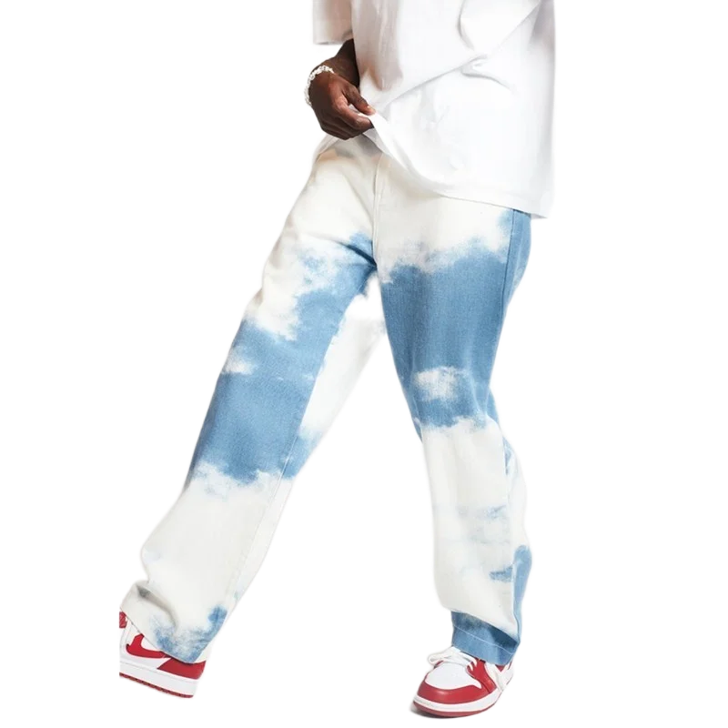 European And American Men's Loose Jeans Blue And White Moire Fashion Breathable Straight Pants Hip Hop Casual Sportswear Trouser