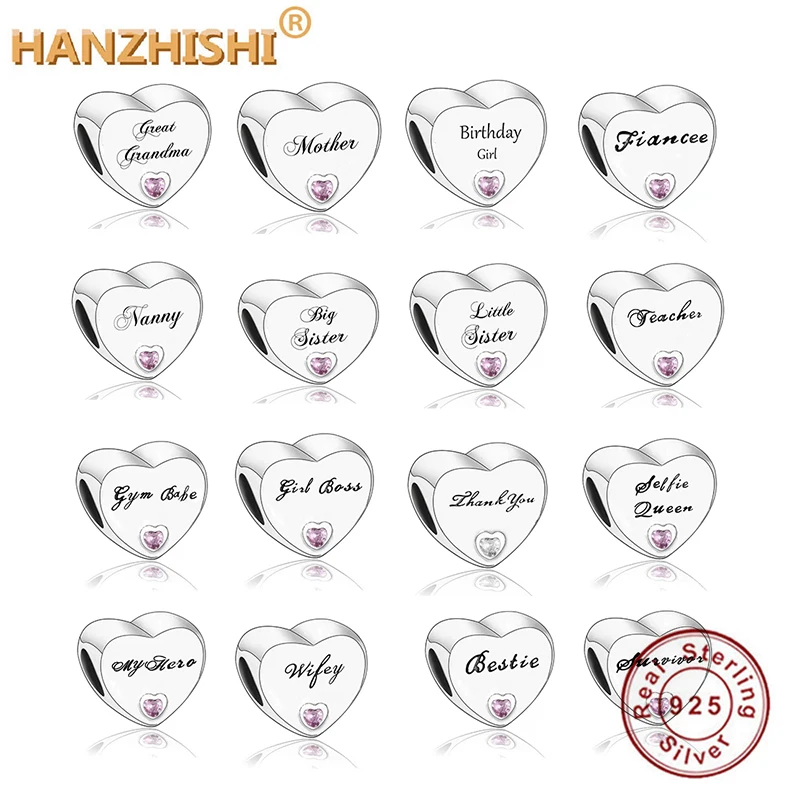 

925 Sterling Silver Heart Mother Grandma Nanny Nan Birthday Girl Charms Beads Fit Original pan Charm Bracelet Jewelry Gift