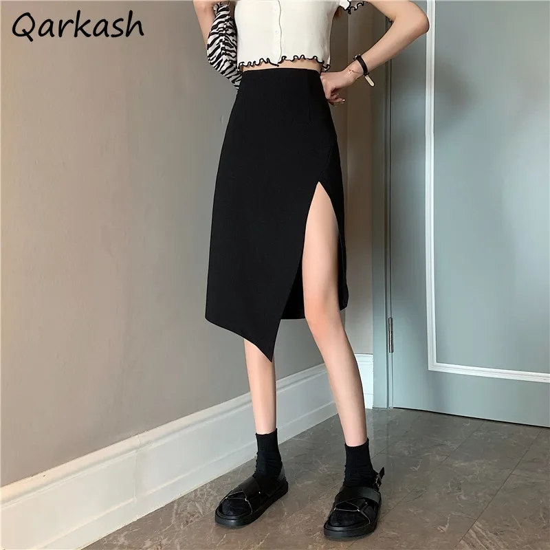 

Skirts Women Knee-length Slim Side-slit Street Style Black Empire Fashion Feminine Popular Korean Version Irregular Basic Faldas
