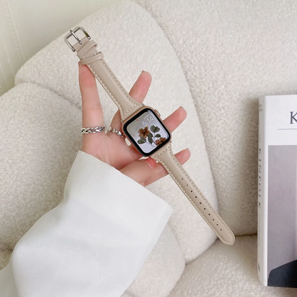 Ремешок из натуральной кожи для Apple Watch 7 41 мм 45 38 42 тонкий браслет iWatch Band 40 44 se 6 5 4 3 2