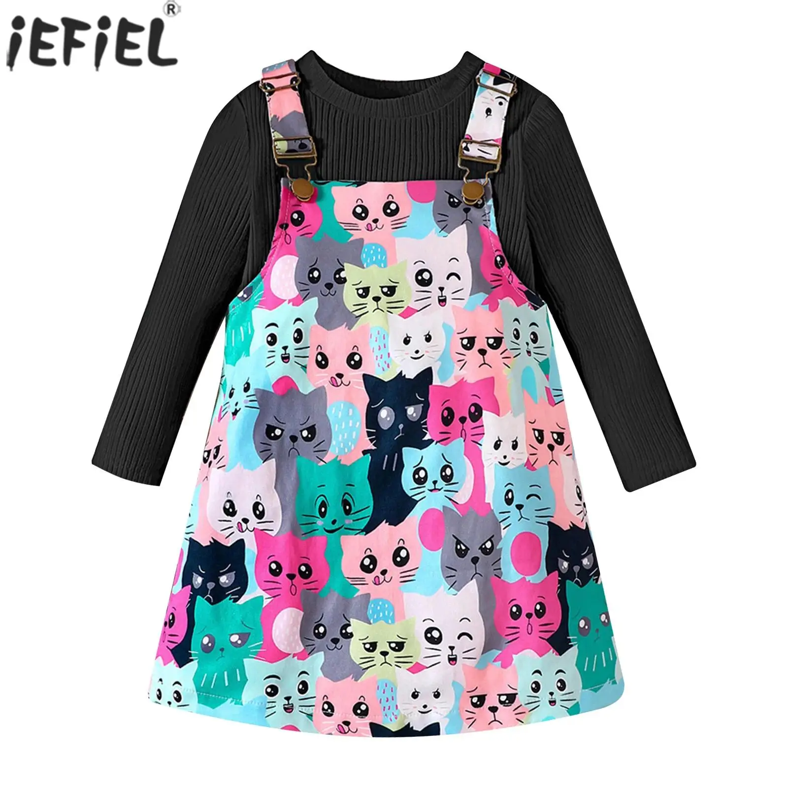 

Toddlers Kids Girls Suspender Dress Long Sleeve Ribbed Knitted Top with Cats Print Overall Skirts Casual Spring Autumn Outfits