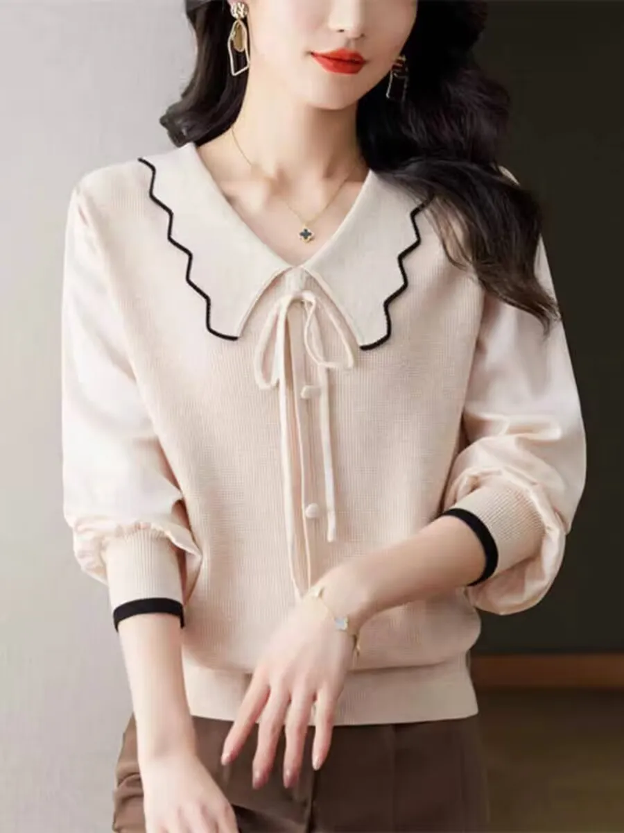 Женская шифоновая рубашка с длинным рукавом осенне-зимний Однотонный пуловер