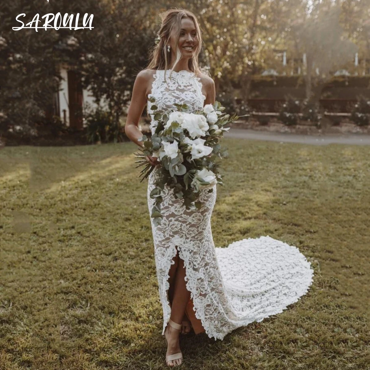 

Sexy Mermaid Lace Wedding Dress Backless O Neck Open Back Court Train Bride Dresses Slit Backless Bridal Gown Custom Made