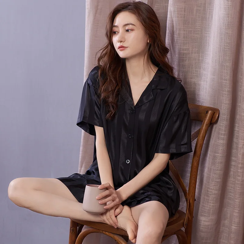 Pajamas Women's Summer Thin Short Sleeve Shorts Set Satin Silk Sleepwear  Turn-down Collar Two-piece Suit Thin Pajama Set Women