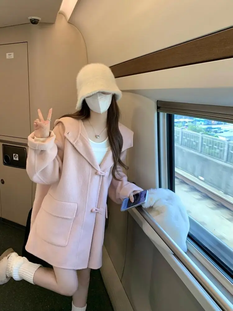 Женское шерстяное пальто модная свободная теплая розовая куртка средней длины