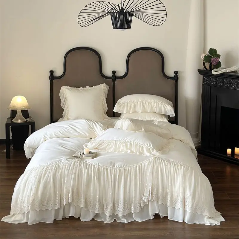

Романтический элегантный кружевной комплект постельного белья 1200TC, Египетский хлопок, французский винтажный Свадебный комплект с пододеяльником, простыней и наволочкой