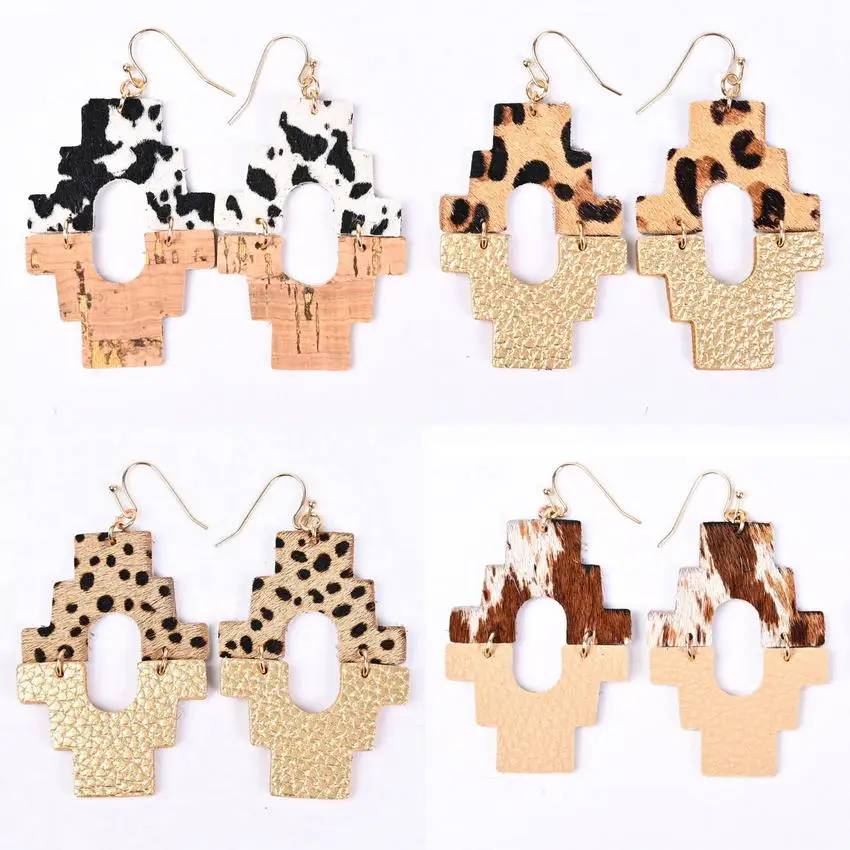 

2 Part Genuine Leather Split Tribal Aztec Earrings for Women Trendy Western Jewelry Geometric Cork Earrings Wholesale