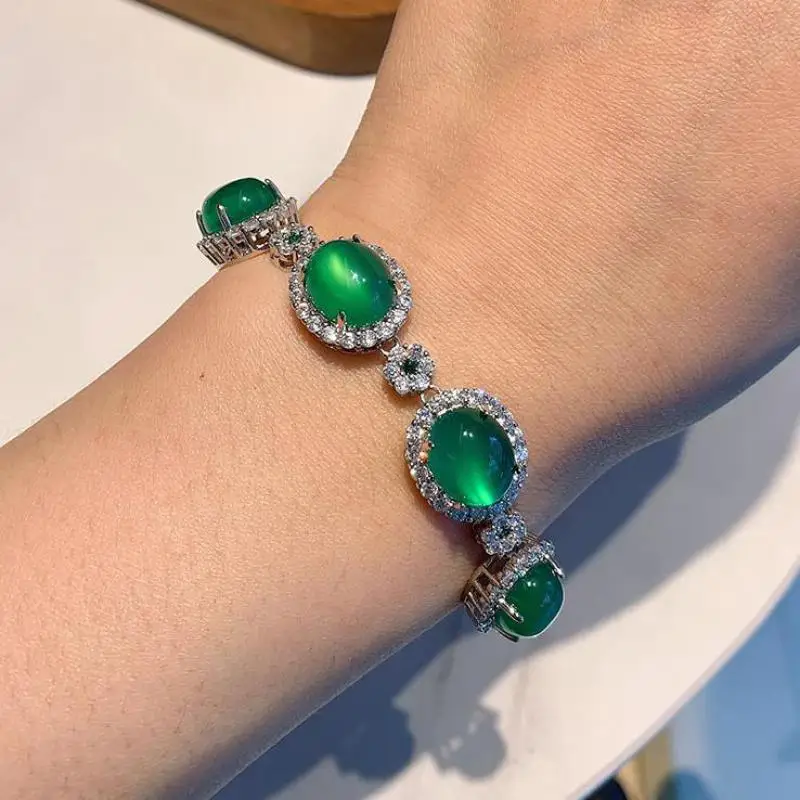 

Charms 925 Sterling Silver 8*10mm Fluorescence Jade High Carbon Diamond Strand Bracelet For Women Party Wedding Fine Jewelry