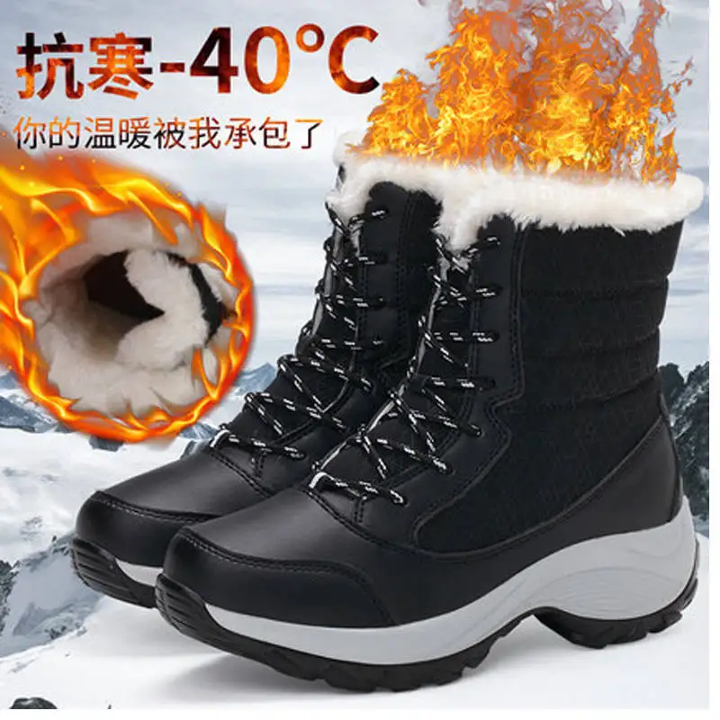 heidsy Ankle Boots Women Winter Shoes Keep Warm Non-slip Black Snow Boots Ladies Lace-up Plus Size 43 Warm Shoe Chaussures Femme
