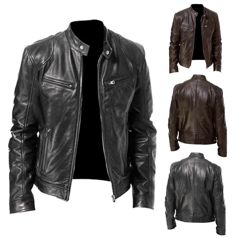 

Spring and Autumn Fashion Leather Jacket Slim Fit Mock Collar PU Leather Jacket Motorcycle Leather Jacket Men's Street Clothing